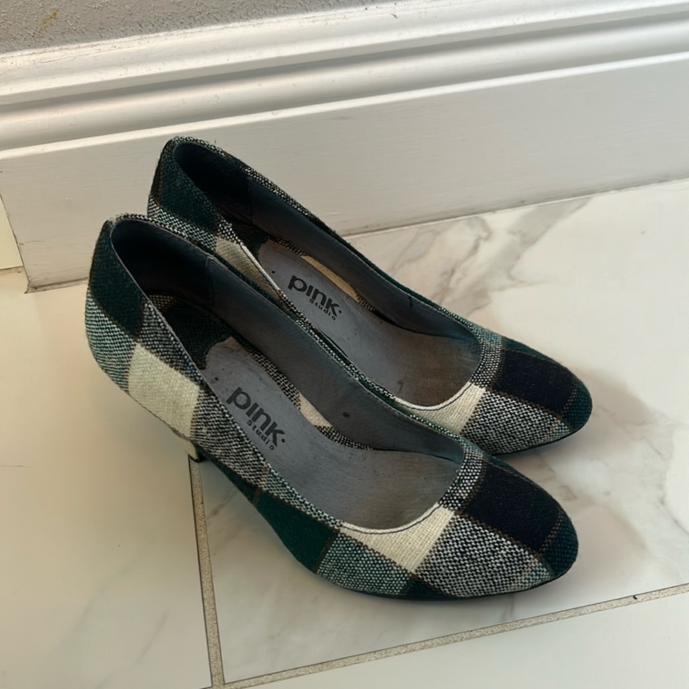 Pink studio, heel shoes , green and white plaid
